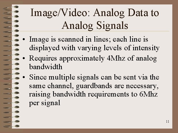 Image/Video: Analog Data to Analog Signals • Image is scanned in lines; each line