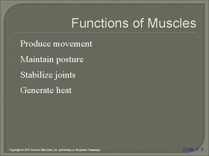 Functions of Muscles Produce movement Maintain posture Stabilize joints Generate heat Copyright © 2003