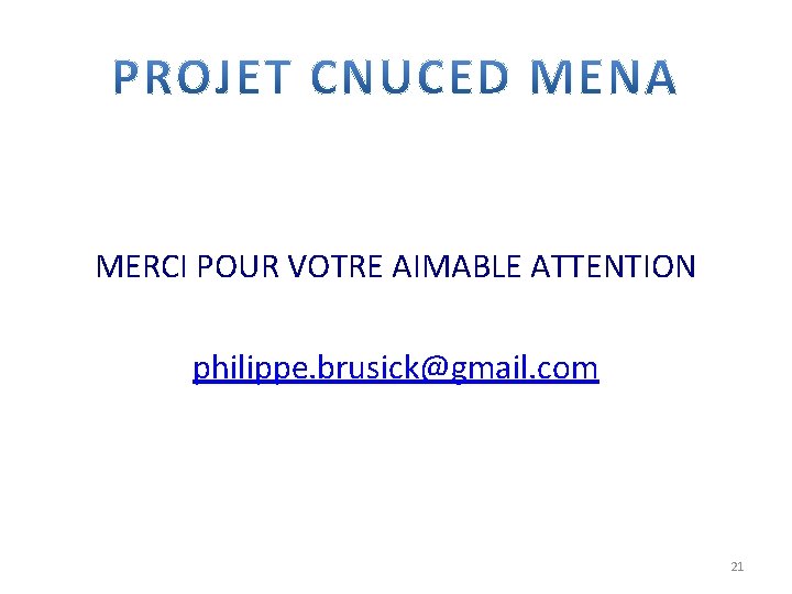 MERCI POUR VOTRE AIMABLE ATTENTION philippe. brusick@gmail. com 21 