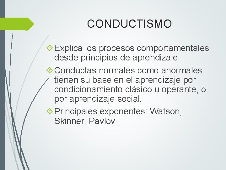 CONDUCTISMO Explica los procesos comportamentales desde principios de aprendizaje. Conductas normales como anormales tienen