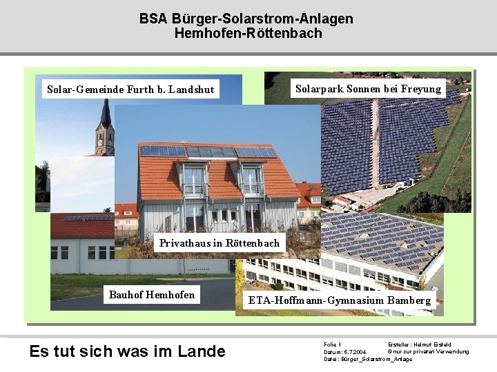BSA Bürger-Solarstrom-Anlagen Hemhofen-Röttenbach Solarpark Sonnen bei Freyung Solar-Gemeinde Furth b. Landshut Privathaus in Röttenbach