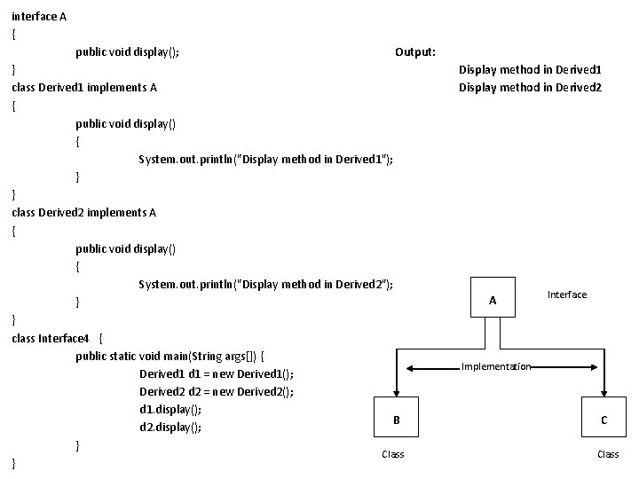 interface A { public void display(); Output: } class Derived 1 implements A {