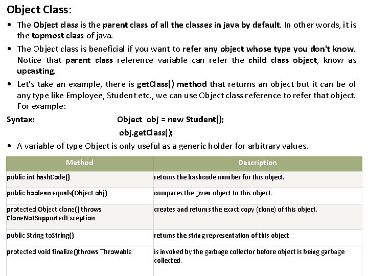 Object Class: • The Object class is the parent class of all the classes