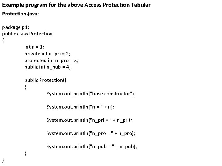 Example program for the above Access Protection Tabular Protection. java: package p 1; public