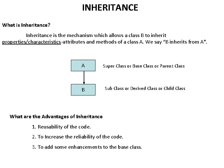 INHERITANCE What is Inheritance? Inheritance is the mechanism which allows a class B to