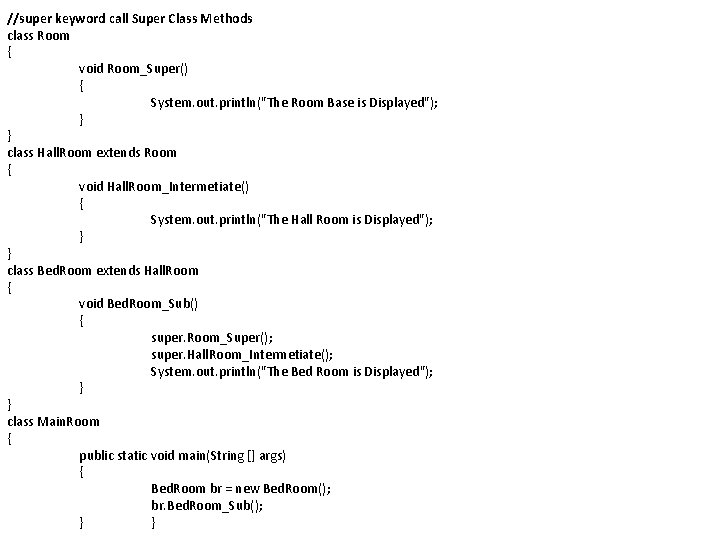 //super keyword call Super Class Methods class Room { void Room_Super() { System. out.