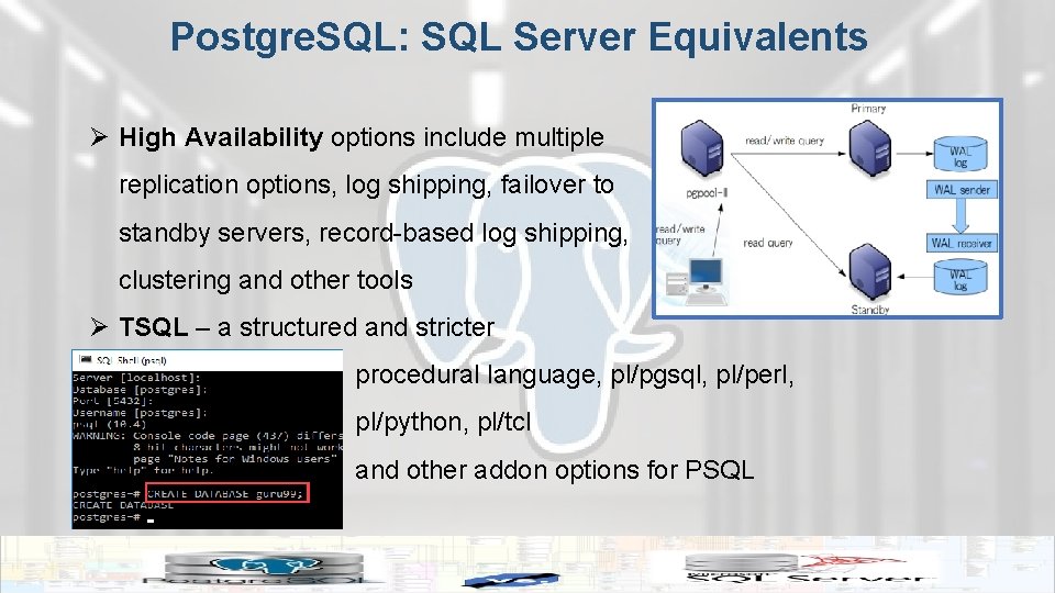 Postgre. SQL: SQL Server Equivalents Ø High Availability options include multiple replication options, log