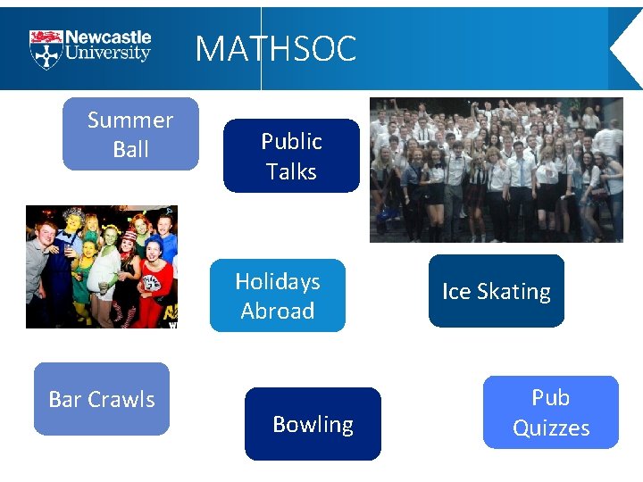 MATHSOC Summer Ball Public Talks Holidays Abroad Bar Crawls Bowling Ice Skating Pub Quizzes