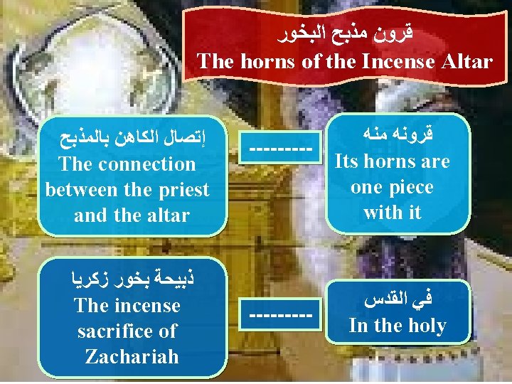  ﺍﻟﺒﺨﻮﺭ ﻣﺬﺑﺢ ﻗﺮﻭﻥ The horns of the Incense Altar ﺑﺎﻟﻤﺬﺑﺢ ﺍﻟﻜﺎﻫﻦ ﺇﺗﺼﺎﻝ The