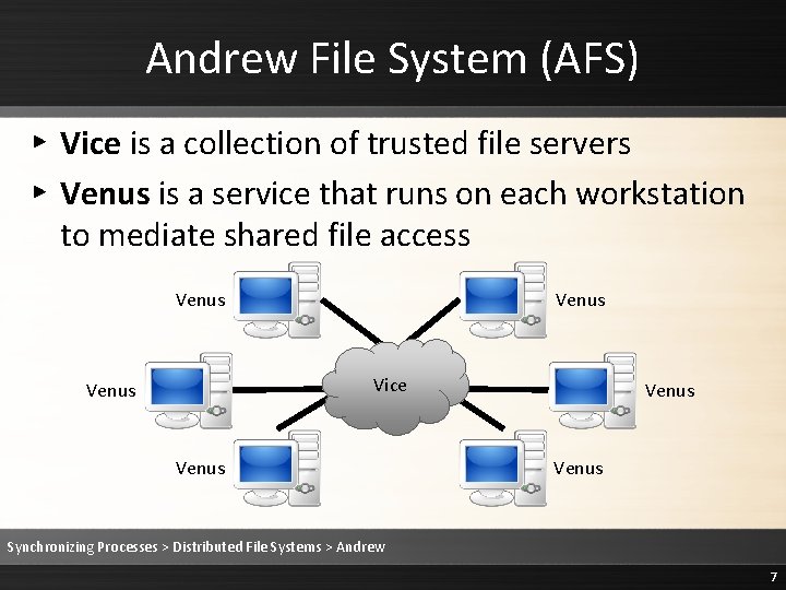 Andrew File System (AFS) ▸ Vice is a collection of trusted file servers ▸