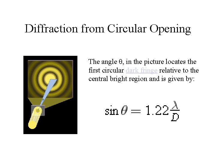 Diffraction from Circular Opening The angle θ, in the picture locates the first circular