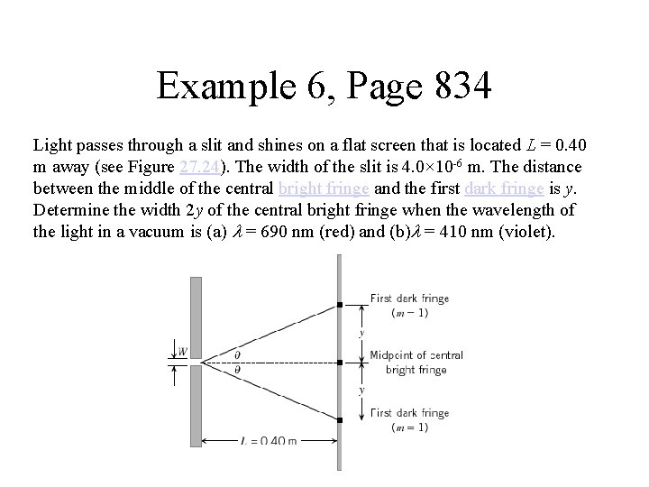 Example 6, Page 834 Light passes through a slit and shines on a flat