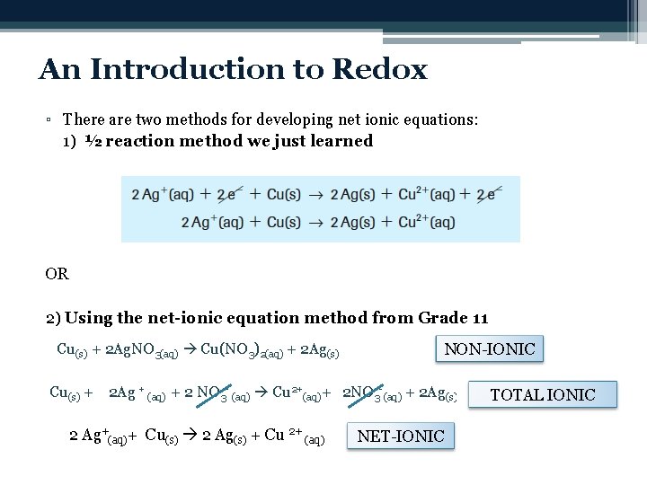 An Introduction to Redox ▫ There are two methods for developing net ionic equations: