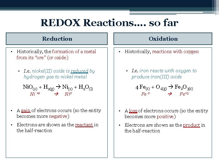 REDOX Reactions…. so far Reduction • Historically, the formation of a metal from its