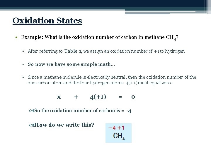 Oxidation States • Example: What is the oxidation number of carbon in methane CH