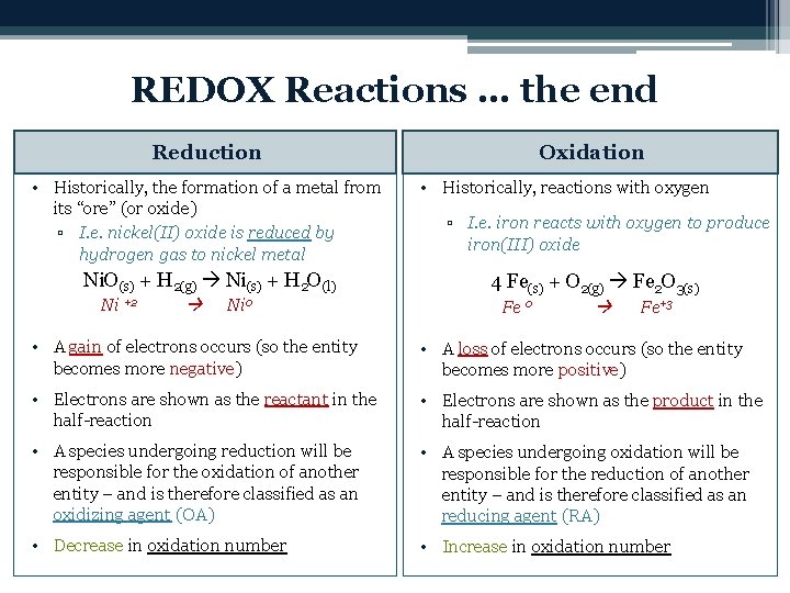 REDOX Reactions … the end Reduction • Historically, the formation of a metal from