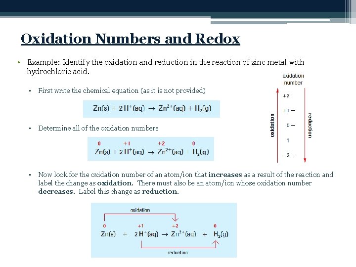 Oxidation Numbers and Redox • Example: Identify the oxidation and reduction in the reaction