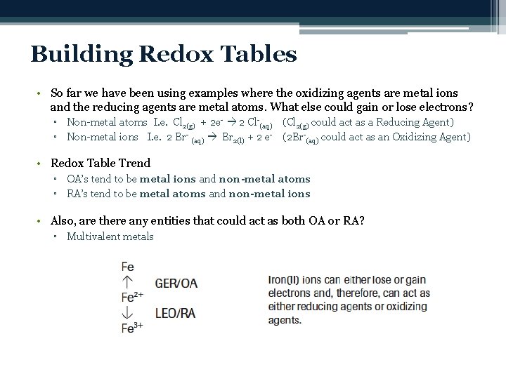 Building Redox Tables • So far we have been using examples where the oxidizing