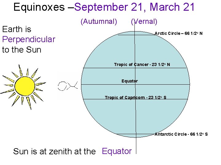 Equinoxes –September 21, March 21 Earth is Perpendicular to the Sun (Autumnal) (Vernal) Arctic