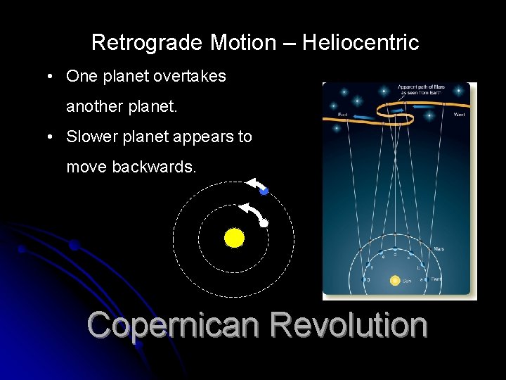 Retrograde Motion – Heliocentric • One planet overtakes another planet. • Slower planet appears Retrograde Motion – Heliocentric • One planet overtakes another planet. • Slower planet appears