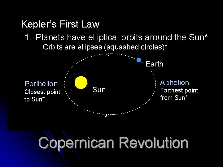 Kepler’s First Law 1. Planets have elliptical orbits around the Sun* Orbits are ellipses Kepler’s First Law 1. Planets have elliptical orbits around the Sun* Orbits are ellipses