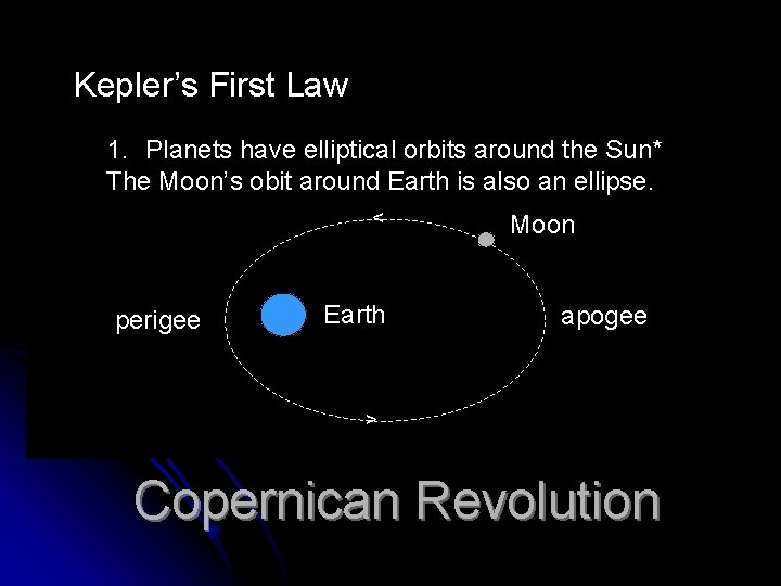 Kepler’s First Law 1. Planets have elliptical orbits around the Sun* The Moon’s obit Kepler’s First Law 1. Planets have elliptical orbits around the Sun* The Moon’s obit