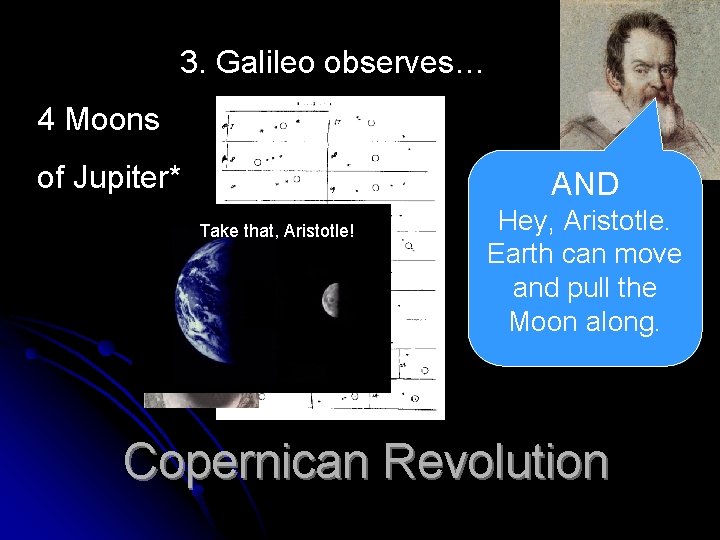 3. Galileo observes… 4 Moons of Jupiter* AND Take that, Aristotle! Hey, Aristotle. Earth 3. Galileo observes… 4 Moons of Jupiter* AND Take that, Aristotle! Hey, Aristotle. Earth