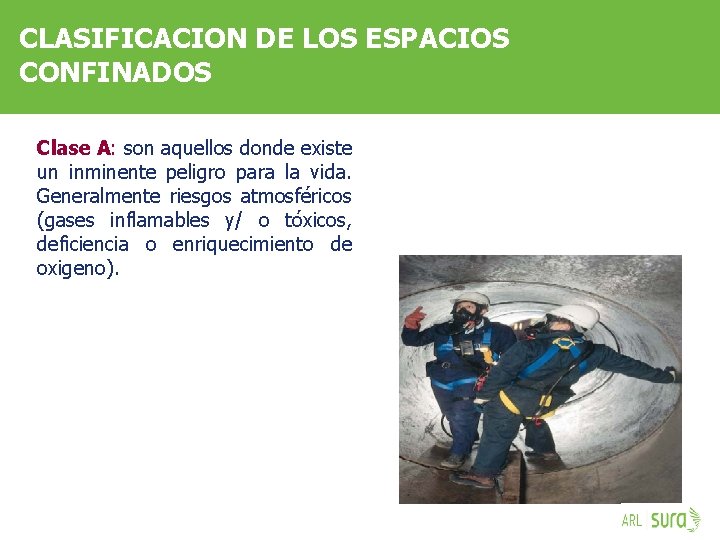 CLASIFICACION DE LOS ESPACIOS CONFINADOS Clase A: son aquellos donde existe un inminente peligro
