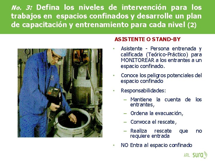 No. 3: Defina los niveles de intervención para los trabajos en espacios confinados y