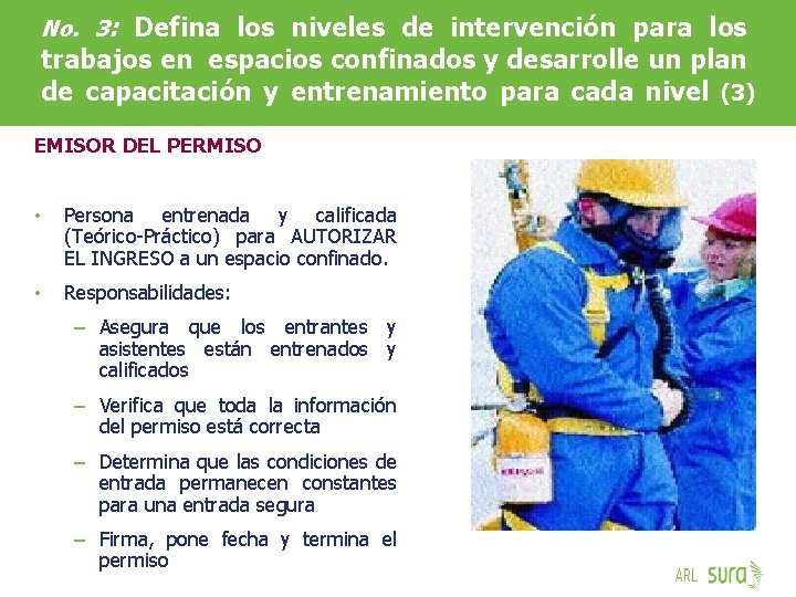 No. 3: Defina los niveles de intervención para los trabajos en espacios confinados y