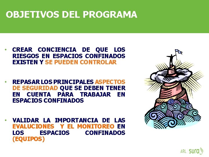 OBJETIVOS DEL PROGRAMA • CREAR CONCIENCIA DE QUE LOS RIESGOS EN ESPACIOS CONFINADOS EXISTEN