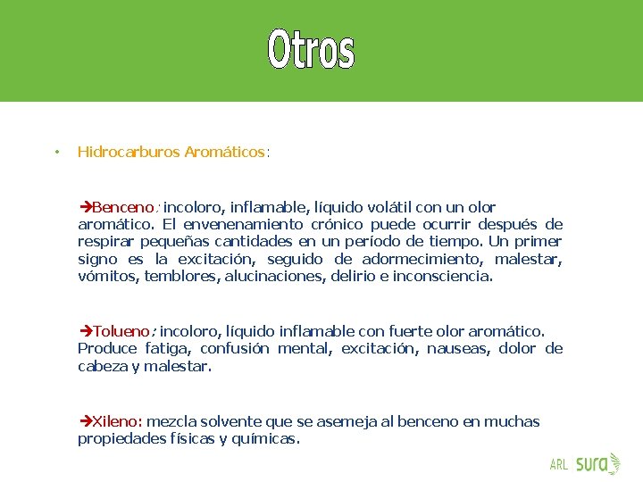  • Hidrocarburos Aromáticos: Benceno: incoloro, inflamable, líquido volátil con un olor aromático. El