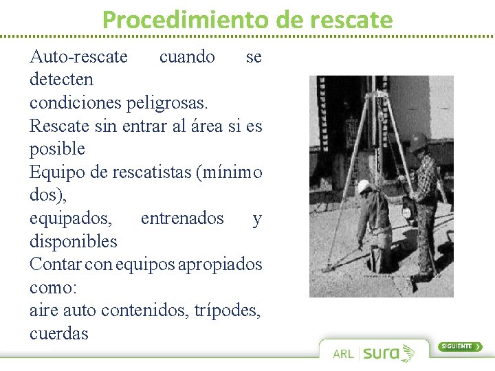 Procedimiento de rescate Auto-rescate cuando se detecten condiciones peligrosas. Rescate sin entrar al área