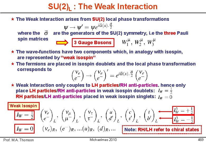 SU(2)L : The Weak Interaction « The Weak Interaction arises from SU(2) local phase