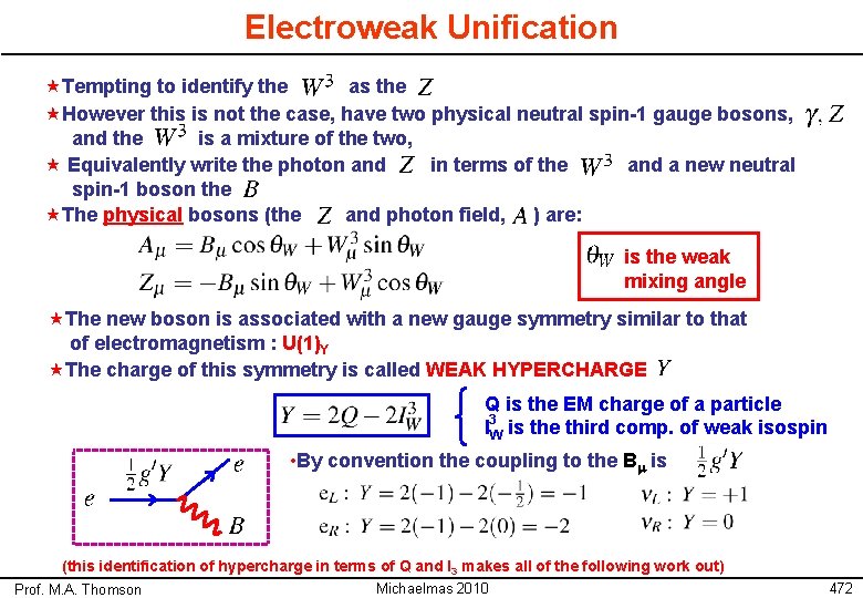 Electroweak Unification «Tempting to identify the as the «However this is not the case,