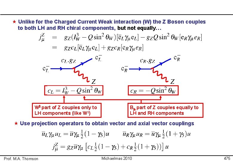  « Unlike for the Charged Current Weak interaction (W) the Z Boson couples
