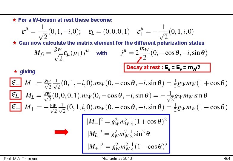  « For a W-boson at rest these become: « Can now calculate the