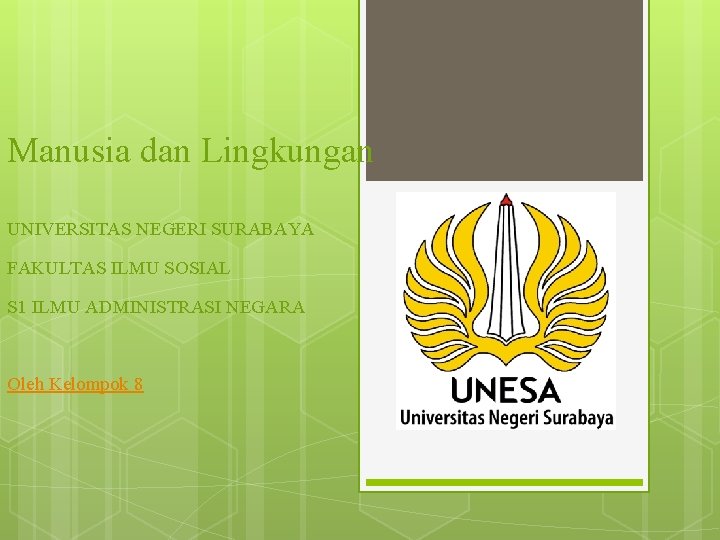 Manusia dan Lingkungan UNIVERSITAS NEGERI SURABAYA FAKULTAS ILMU SOSIAL S 1 ILMU ADMINISTRASI NEGARA