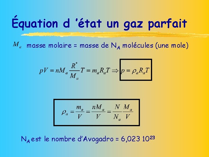 Équation d ’état un gaz parfait masse molaire = masse de NA molécules (une
