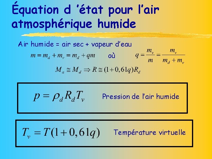 Équation d ’état pour l’air atmosphérique humide Air humide = air sec + vapeur