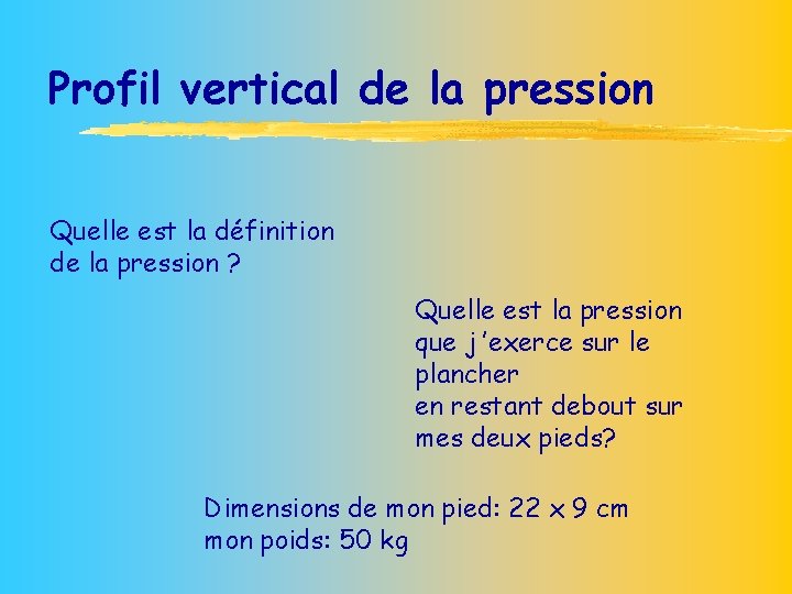 Profil vertical de la pression Quelle est la définition de la pression ? Quelle