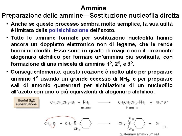Ammine Preparazione delle ammine—Sostituzione nucleofila diretta • Anche se questo processo sembra molto semplice,