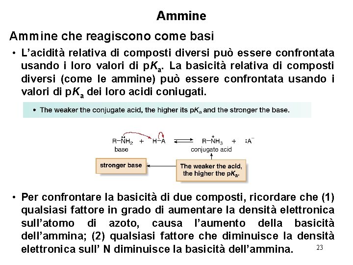 Ammine che reagiscono come basi • L’acidità relativa di composti diversi può essere confrontata