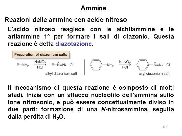 Ammine Reazioni delle ammine con acido nitroso L’acido nitroso reagisce con le alchilammine e