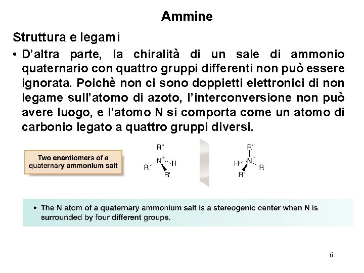 Ammine Struttura e legami • D’altra parte, la chiralità di un sale di ammonio