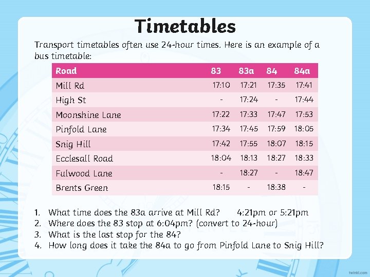 Timetables Transport timetables often use 24 -hour times. Here is an example of a