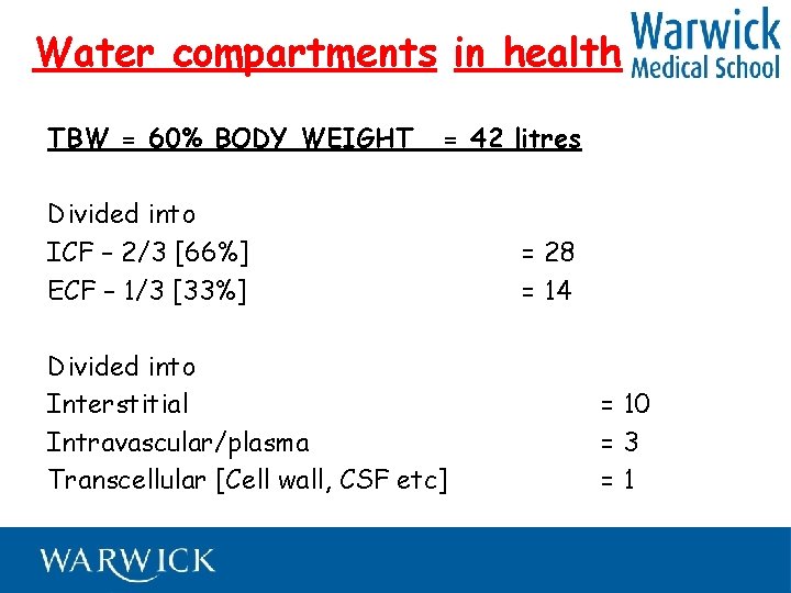 Water compartments in health TBW = 60% BODY WEIGHT = 42 litres Divided into