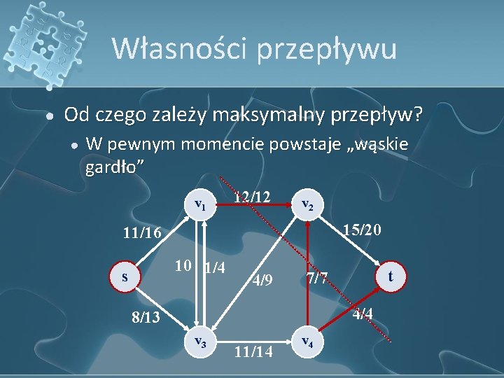 Własności przepływu ● Od czego zależy maksymalny przepływ? ● W pewnym momencie powstaje „wąskie