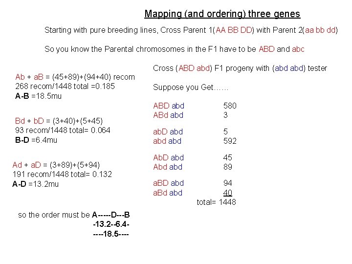 Mapping (and ordering) three genes Starting with pure breeding lines, Cross Parent 1(AA BB
