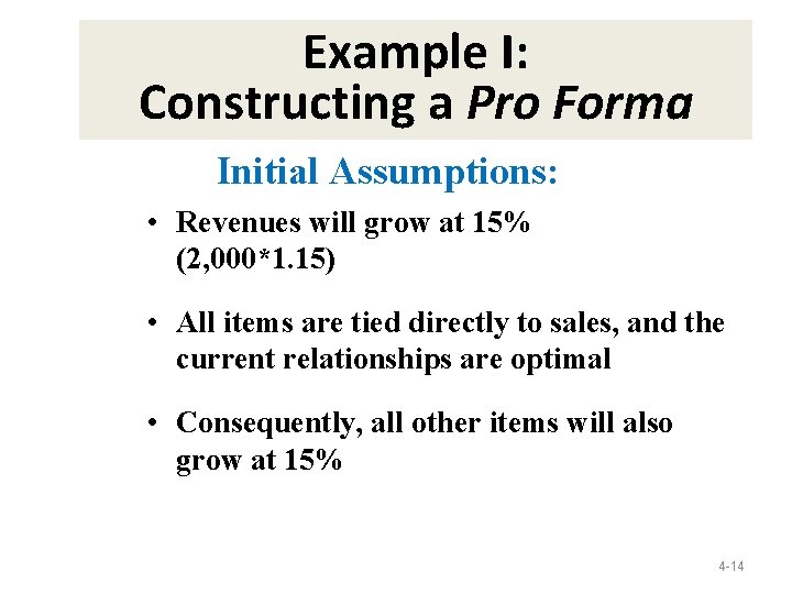 Example I: Constructing a Pro Forma Initial Assumptions: • Revenues will grow at 15%